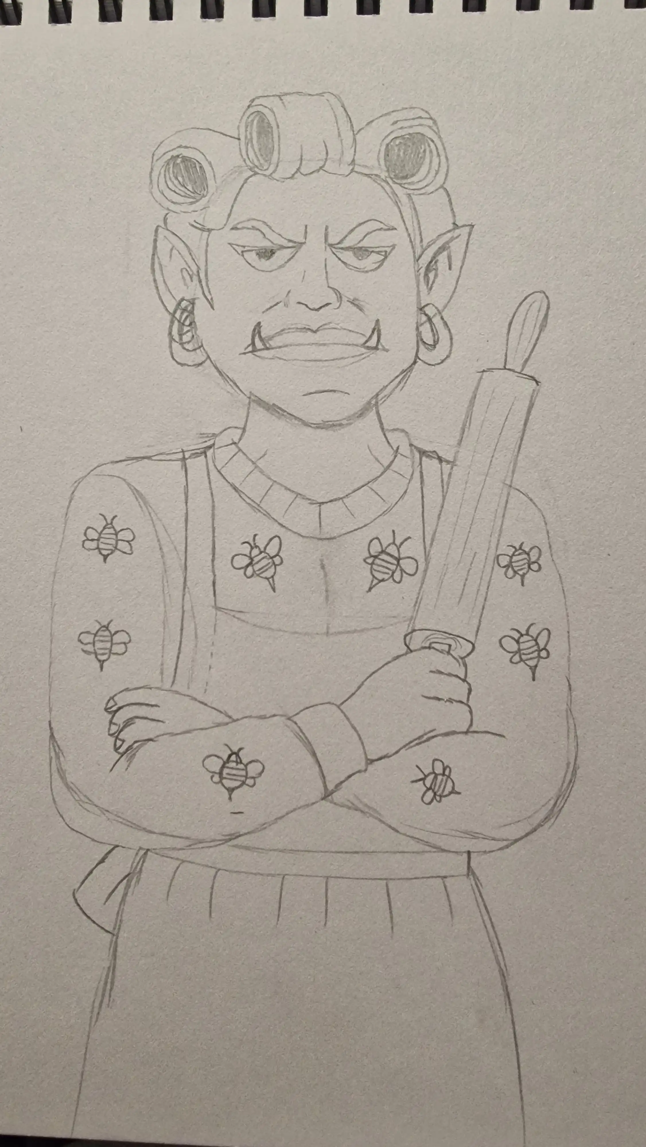 Pencil sketch of Mamma Rigeegee, orc NPC with rollers and rolling pin