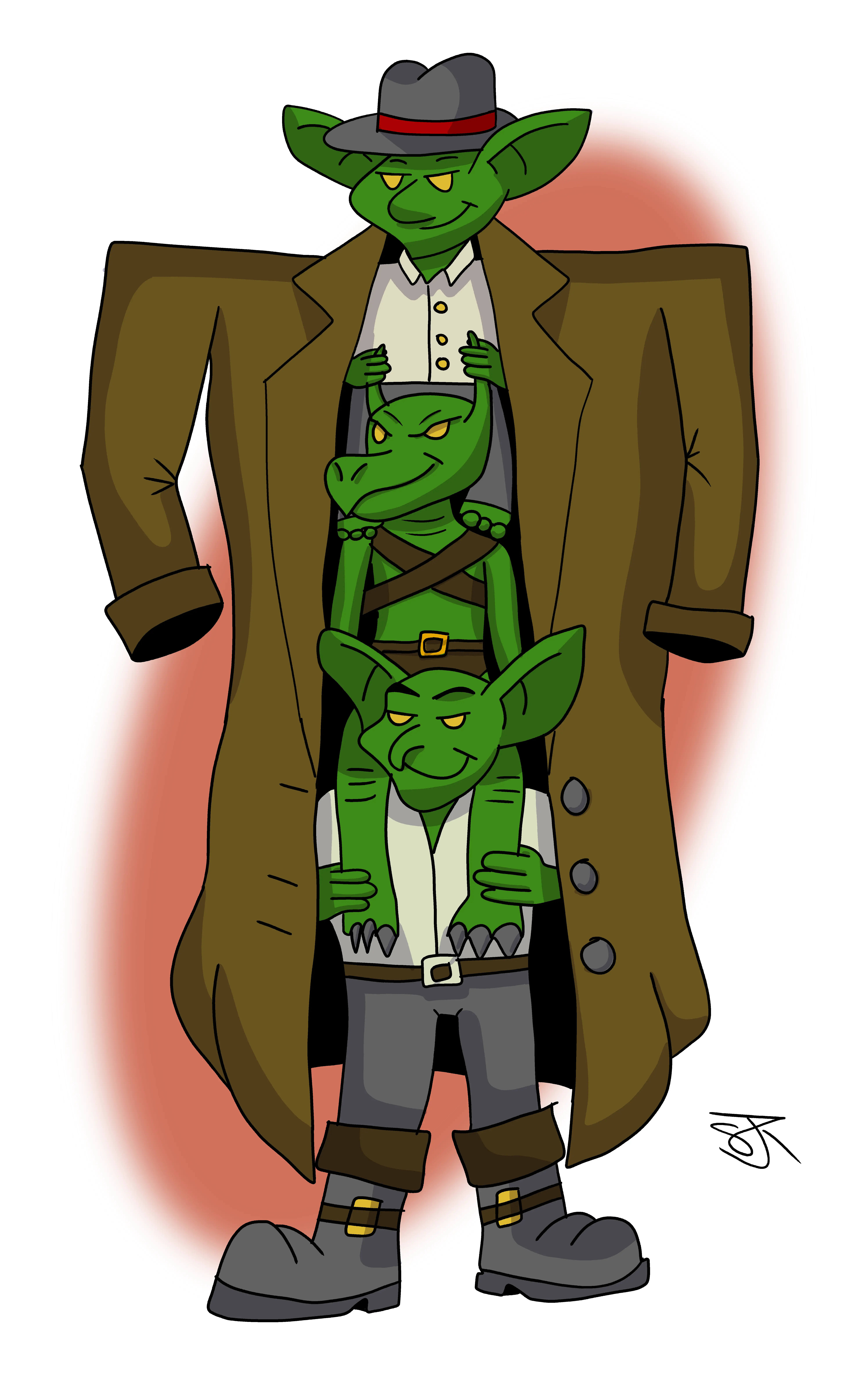 Final coloured illustration of Ipp, Dypp and Doo stacked in a trenchcoat